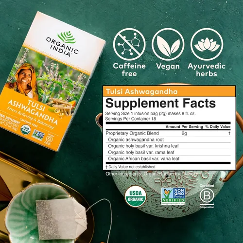 Vista 2 de Organic India - Té orgánico de Tulsi, té de hierbas, 18 bolsas de infusión. paquete de 6