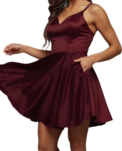 Vista 4 de Satin Homecoming Dress with Pockets Mini A-Line V Neck Sleeveless Formal Evening Dress