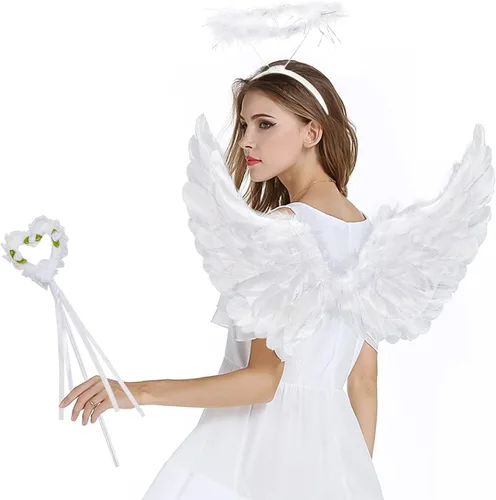 Vista 4 de Latocos Alas de ángel y halo para adultos alas de ángel blancas para niños con varita disfraz de Halloween juego de simulación para mujeres niñas