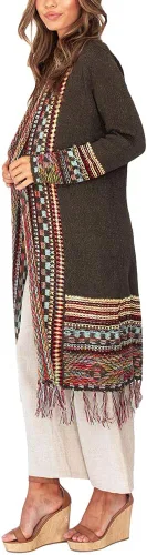 Vista 3 de Misassy Cárdigan largo bohemio con frente abierto para mujer, suéter suelto de manga larga con borlas bordadas, kimono, plumero para exteriores