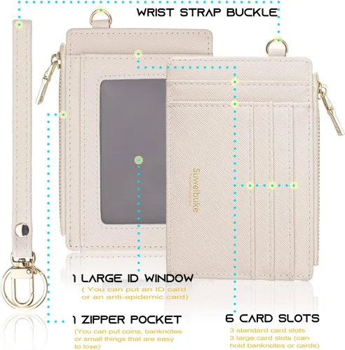Vista 5 de Cartera delgada para mujer con bloqueo RFID para tarjetas de crédito, porta tarjetas tipo pulsera con cremallera para identificación, cartera