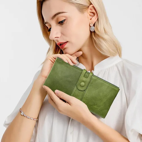 Vista 6 de Roulens Cartera para mujer de gran capacidad de cuero genuino plegable con bloqueo RFID tarjetero con bolsillo con cremallera