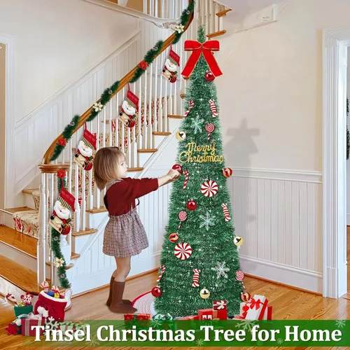 Vista 5 de [Temporizador] Árbol de Navidad desplegable de 6 pies, árbol de Navidad plegable verde con 50 luces coloridas, 16 caramelos, 10 bolas, 4 copos