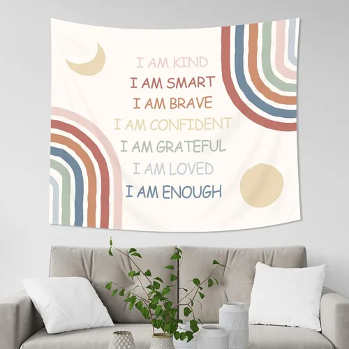 Vista 2 de Imirell Tapiz bohemio arcoíris de 59 pulgadas de ancho x 51 pulgadas de alto, citas inspiradoras positivas, motivacionales, para aula, luna, sol