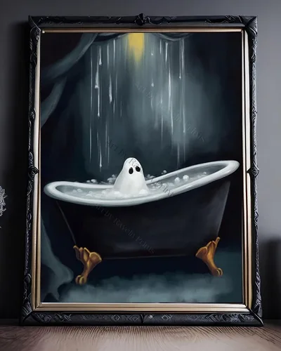 Vista 2 de Arte de pared gótico, decoraciones espeluznantes de Halloween, fantasma en la bañera, regalo para amantes de Halloween, decoración gótica del hogar