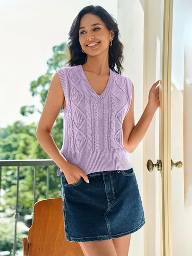 Vista 3 de Chaleco tipo suéter para mujer, cuello en V, sin mangas, de punto, liso, casual, acanalado, sin botones, sin botones