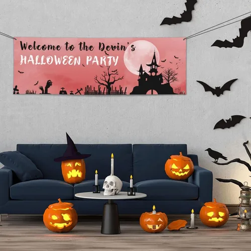 Vista 11 de Cartel personalizado de Feliz Halloween para fiesta, añade tu texto en la pancarta, decoraciones de Halloween personalizadas para interiores
