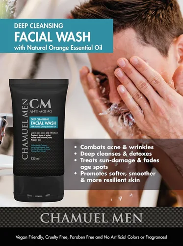 Vista 4 de CHAMUEL MEN Limpiador facial antienvejecimiento: limpieza profunda y exfoliante para hombre combate el acné y las arrugas con rosa mosqueta