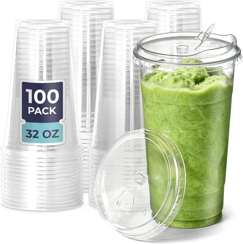 Vista 9 de Fit Meal Prep Paquete de 50 vasos de plástico transparente de 12 onzas con tapas sin pajilla, tazas de café de plástico desechables con tapas, tazas