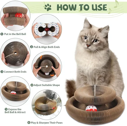 Vista 5 de SENCONE Organlada - Rascador de cartón para gatos con bola de campana, almohadilla plegable para rascar gatos, un juguete mágico para gatos