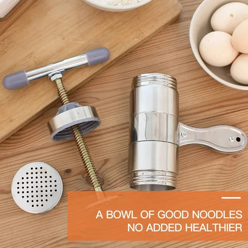 Vista 7 de Prensa manual de fideos de acero inoxidable, manivela de mano, máquina de prensa de masa de fettuccine para fideos, máquina de pasta con 5 moldes