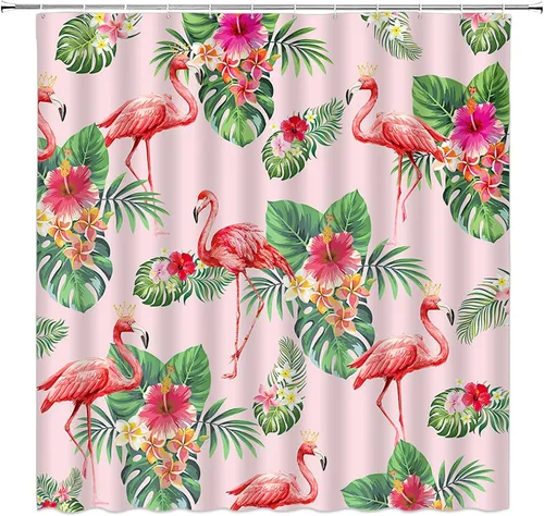 Vista 2 de Cortina de ducha con diseño de flamenco, flor tropical, hoja de palmera verde, juego de decoración de baño con ganchos