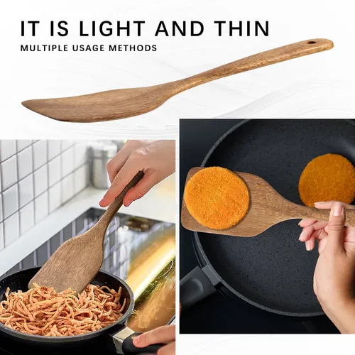 Vista 5 de Juego de 2 espátulas de madera para cocinar, espátulas de madera de 12 pulgadas con espátula de madera plana y espátula ranurada, utensilios