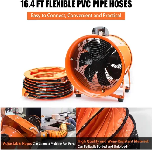 Vista 5 de Ventilador portátil de alta velocidad de 10 pulgadas, ventilador de escape industrial con manguera de conducto flexible de 16.4 pies, ventilador