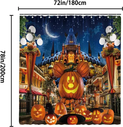 Vista 6 de Cortina de ducha de Halloween para baño, niños, caricatura, calabaza, sombrero de mago, luna, castillo, estrella, lámpara de calle, decoración