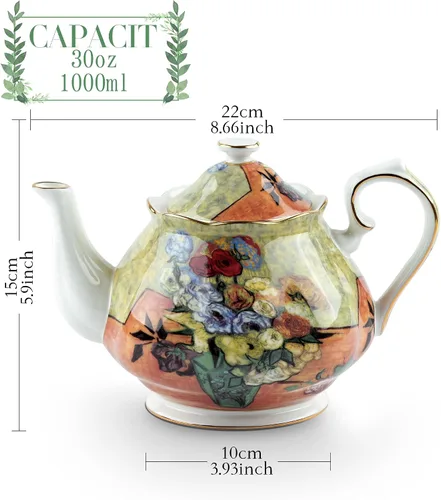 Vista 2 de Tetera de 30 oz de Van Gogh Pinturas de porcelana china hueso Tetera de té suelto Diseño floral Vintage Tetera de cerámica estilo europeo para café