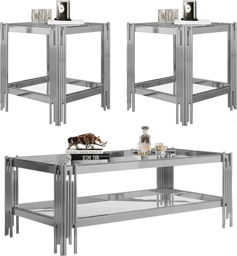 Vista 14 de SSLine Mesa de centro de cristal negro con marco de acero inoxidable dorado, mesa de centro rectangular de lujo de 2 niveles para sala de estar Café