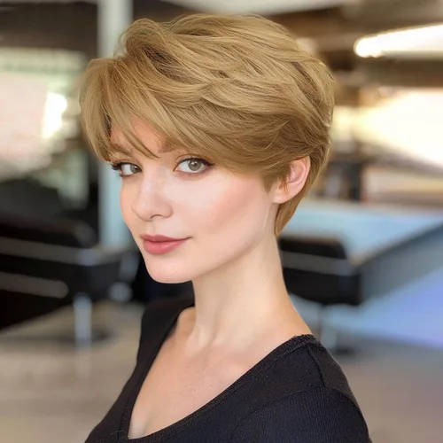 Vista 12 de Creamily Peluca corta rubia de corte Pixie con flequillo para mujer, pelucas sintéticas en capas onduladas con raíces oscuras para mujer, peluca