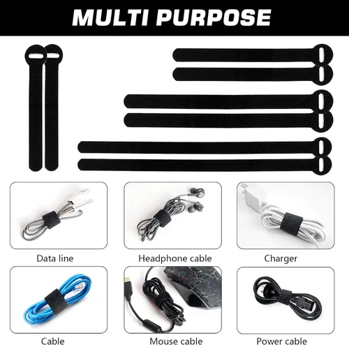 Vista 9 de 150 bridas reutilizables para cables - 4+6+8+10 pulgadas, correas de cables multiusos con gancho y bucle para gestión de cables, ataduras
