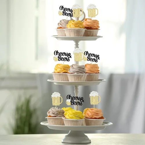 Vista 5 de Gyufise 24 piezas de decoración para cupcakes de Cheers and Beers - Taza de cerveza con purpurina negra para cupcakes, baby shower, cumpleaños