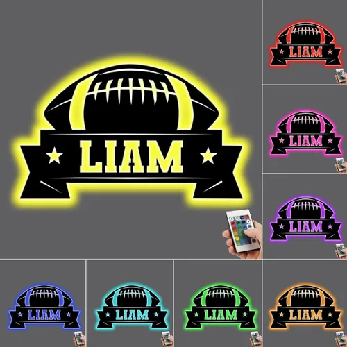 Vista 16 de Regalos personalizados de fútbol para niños con nombre personalizado con luz nocturna LED, letrero de pared de fútbol de neón con 16 colores que