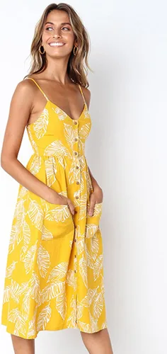 Vista 51 de Angashion - Vestido floral de verano estilo bohemio para mujer, con botones, bolsillos y tiras ajustables