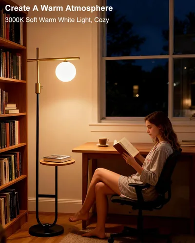 Vista 5 de Lightdot Lámparas de pie regulables doradas y negras de 66 pulgadas con mesa, moderna lámpara alta de pie con pantalla de globo, cabeza