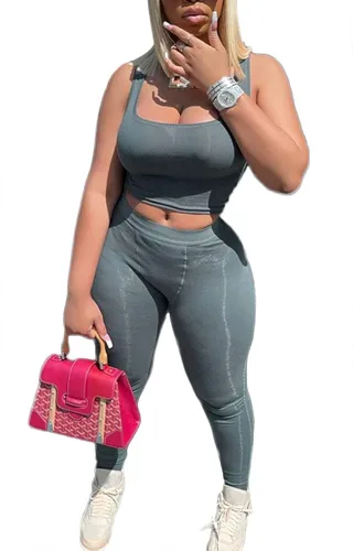 Vista 3 de ZFLM Conjuntos de entrenamiento casuales de dos piezas para mujer, camiseta sin mangas acanalada, cintura alta, leggings de yoga para uso activo