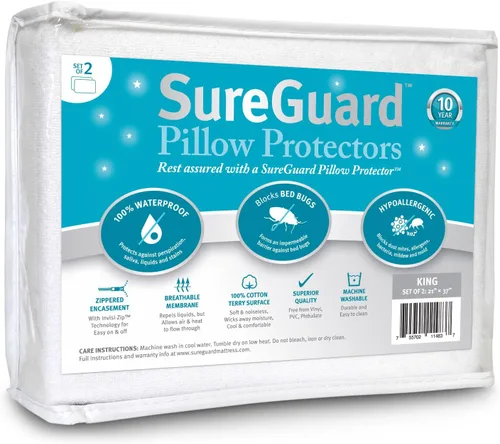 Vista 12 de Juego de 2 protectores de almohada SureGuard de tamaño estándar, 100% impermeables, a prueba de chinches, hipoalergénicos, fundas de rizo de algodón