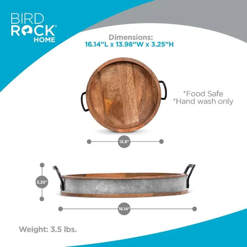 Vista 5 de BIRDROCK HOME Bandeja Grande Redonda de Madera para Servir con Asas y Acentos de Hierro - Bandeja Redonda de Barril para Sala de Estar, Cocina