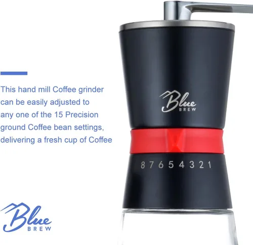 Vista 3 de Blue Brew Molinillo de café manual, molinillo de café manual con rebabas de cerámica y 15 grosores ajustables, 2 tarros de vidrio herméticos
