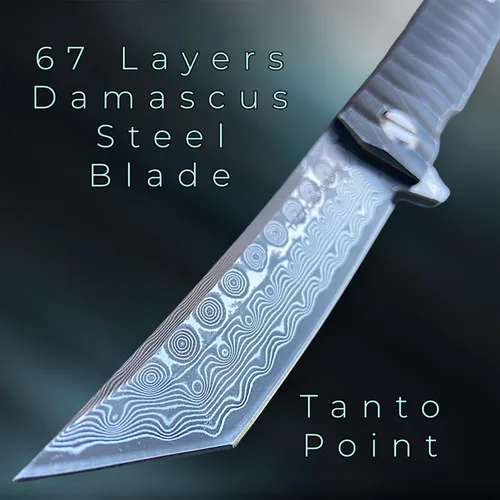 Vista 3 de Cuchillo plegable de bolsillo de Damasco, mango de titanio sólido Tc4, hoja Tanto de acero Damasco VG10 multicapa de 67 capas (Saint DXT)