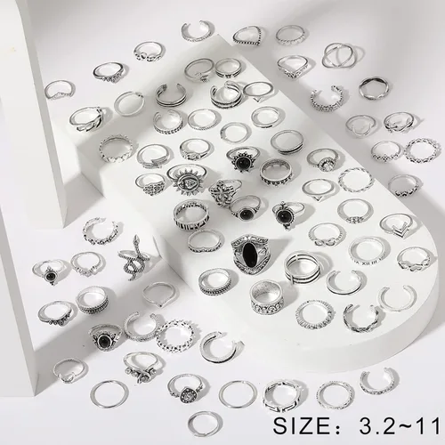 Vista 6 de FAXHION Juego de anillos de cadena punk de plata vintage para hombres mujeres y niñas anillos góticos geniales anillos de dedo de cadena gruesa