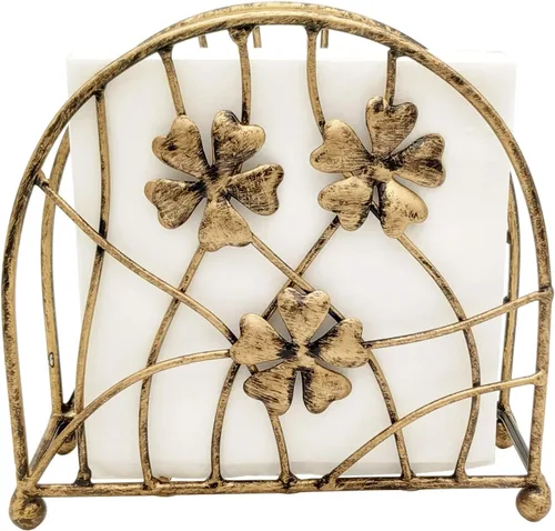Vista 3 de Servilletero de mesa, diseño de pétalos y ramas florales de bronce antiguo, dispensador de pañuelos independiente