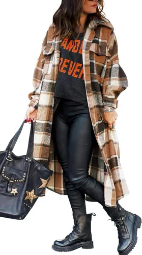 Vista 2 de Yousify Chaqueta larga con solapa a cuadros para mujer cepillada con botones y bolsillos