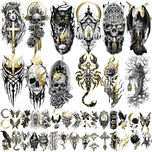 Vista 12 de 77 hojas de tatuajes temporales para mujeres y hombres, 17 hojas de tatuajes falsos grandes de ángel negro y diablo, 60 hojas de alas de corazón