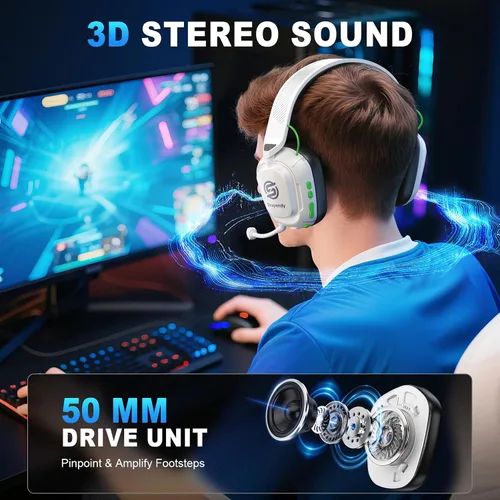 Vista 2 de 2.4GHz Wireless Gaming Headset for PS5/4, PC, Low-Latency Bluetooth Gaming Headphones with Stereo Sound, Noise Canceling Mic, Phantom White