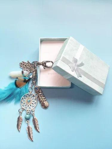 Vista 2 de Llavero de atrapasueños de moda con adorno bohemio de plumas, Azul