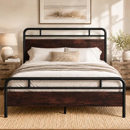 Vista 11 de Allewie Base de cama de plataforma de tamaño completo con cabecera y pie de cama de madera, soporte de 13 listones de metal resistente