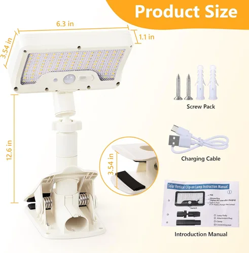 Vista 8 de Luces solares con clip para exteriores con sensor de movimiento, luces solares para vallas ajustables verticalmente y giratorias en 360° con 92 LEDs