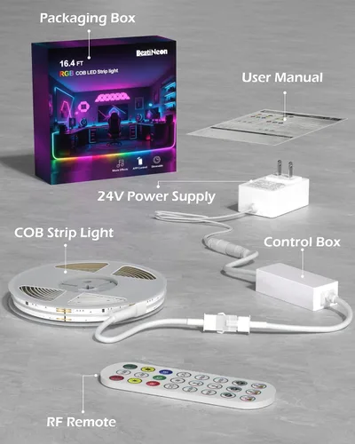 Vista 8 de Tira de luz LED COB RGB, tira de luz LED COB de 16.4 pies con control remoto, aplicación inteligente regulable, sincronización de música que cambia