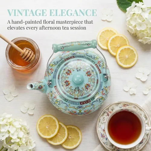 Vista 4 de Pumtus Hervidor de té esmaltado floral de 2.6 cuartos de galón, tetera esmaltada vintage, olla de café esmaltada en acero con mango de cerámica