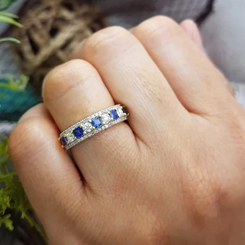 Vista 17 de Dazzlingrock Collection Anillo de boda de 9 piedras de zafiro azul princesa y diamante blanco redondo de 0.098 in cada uno en oro de 14 quilates