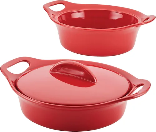 Vista 16 de Rachael Ray Solid Glaze Ceramics - Juego de utensilios para hornear/panadería con tapa compartida, 3 piezas, azul agave