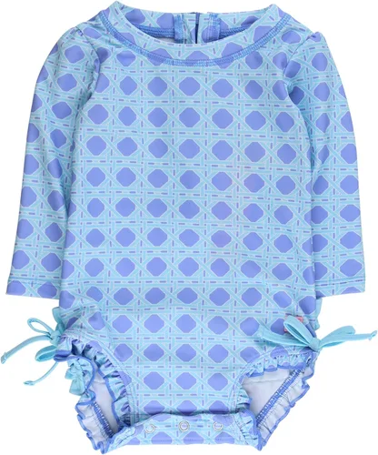 Vista 67 de RuffleButts - Traje de baño de una pieza con protección solar UPF 50+, camiseta de protección floral estampado, manga larga, con cierre zipper