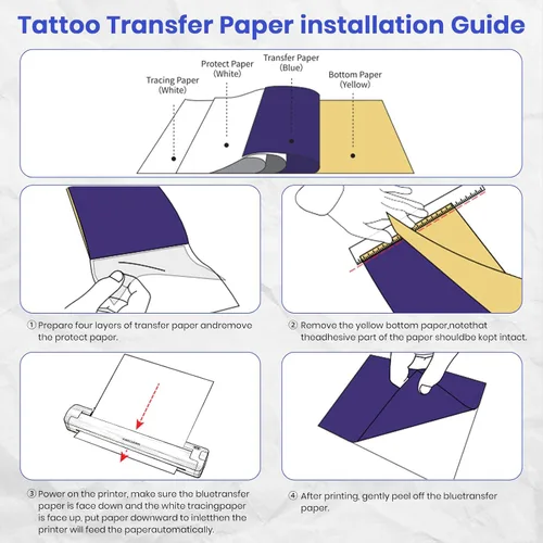 Vista 6 de Impresora de plantillas de tatuajes para artistas de tatuajes y principiantes, con 3 piezas de papel de transferencia de tatuajes y papel plegado