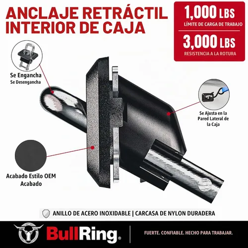 Vista 3 de Bull Ring 1001 XT para chevy GMC/Silverado/Sierra 2007-2017, Colorado/Canyon 2015-2017. Enganche retráctil para paneles laterales de cajas