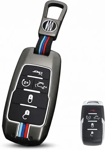 Vista 14 de para Dodge Ram 1500 Funda y Carcasa para Llavero de Metal Soporte de Llave Inteligente Protector, Fibra de carbono, 4 botones, Moderno
