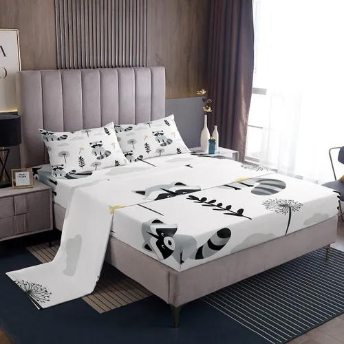 Vista 12 de Erosebridal Juego de sábanas tamaño individual de mapache para niños y niños, sábanas florales rosas de animales del bosque, juego de ropa de cama