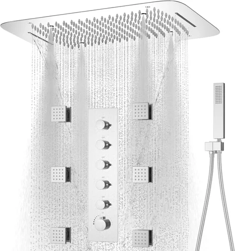 Vista 11 de Sistema de ducha dorado cepillado con cabezal de ducha grande de 16 x 24 pulgadas, cabezal de ducha de triple función, cascada de lluvia, juego
